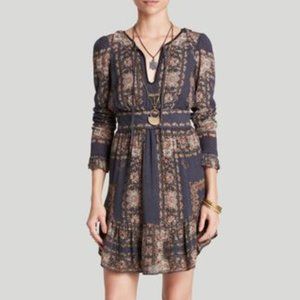 FREE PEOPLE- Floral Mini Dress Long Sleeves Ruffled Velvet Lined Bridgette- XS